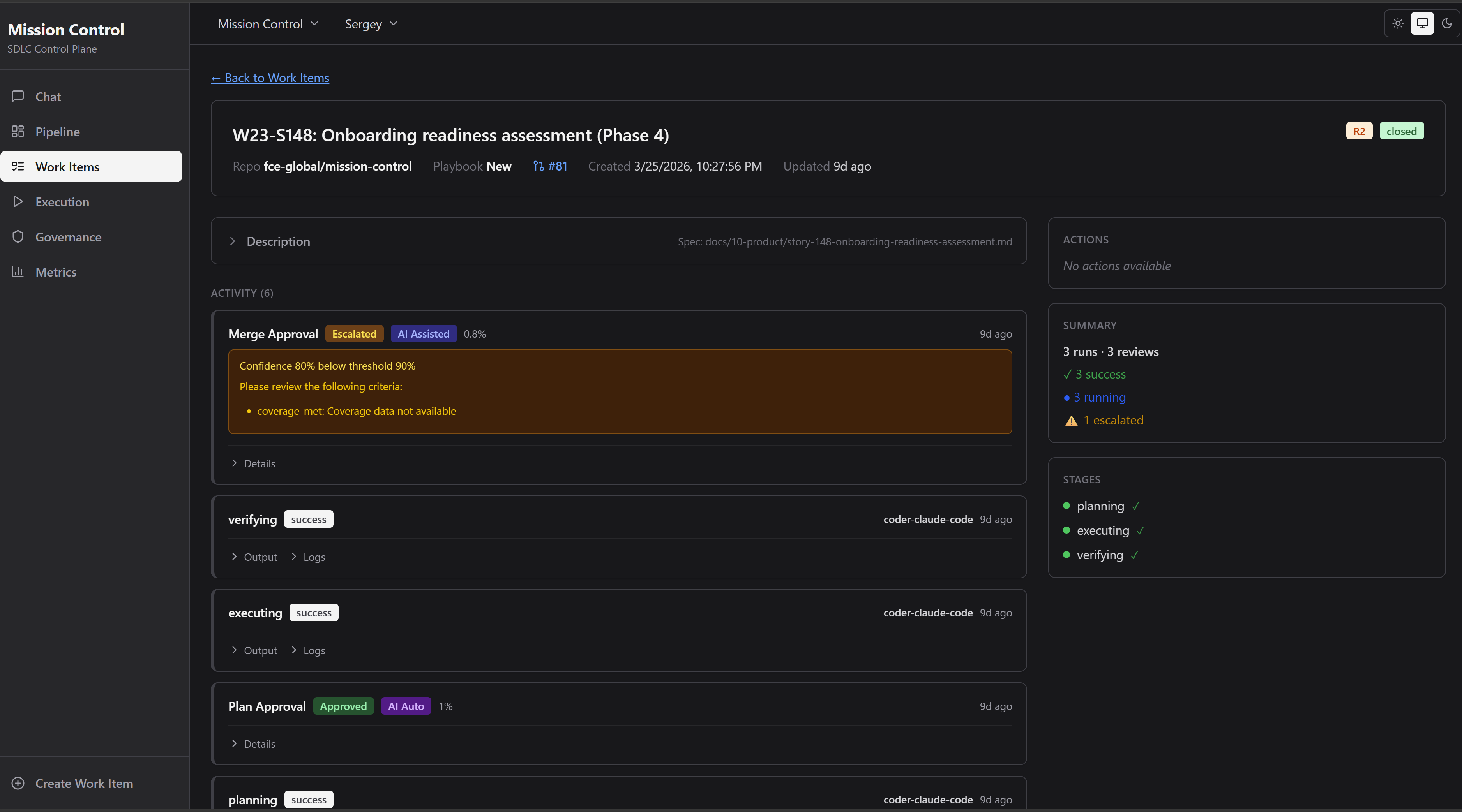 Work item detail with merge approval, policy gates, activity log
