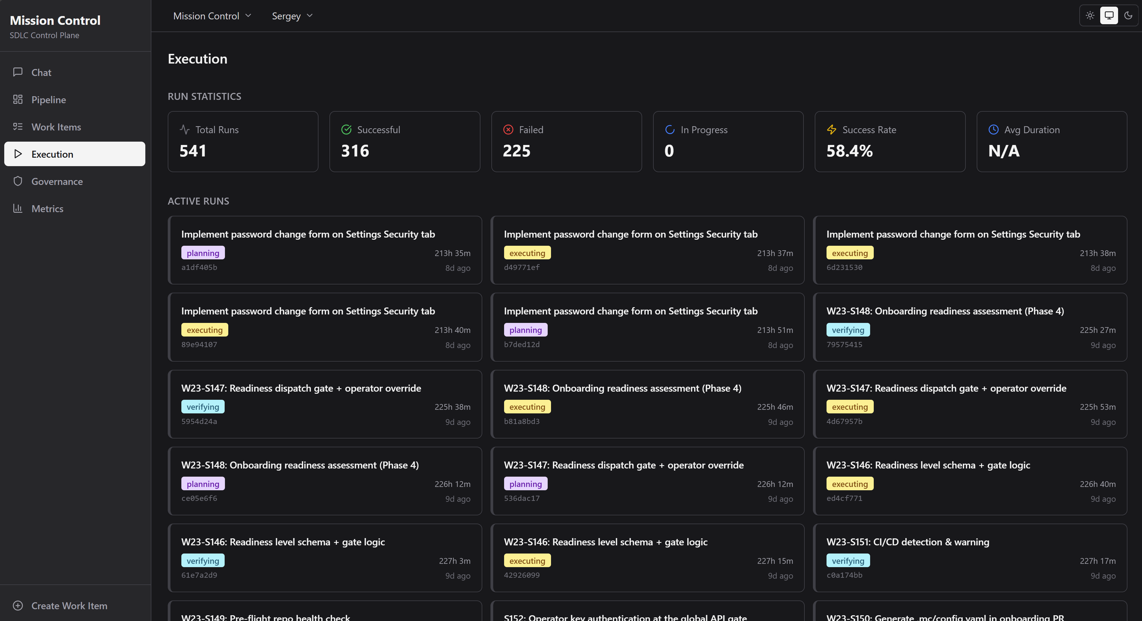 Execution dashboard — 541 runs, success rates, active agents